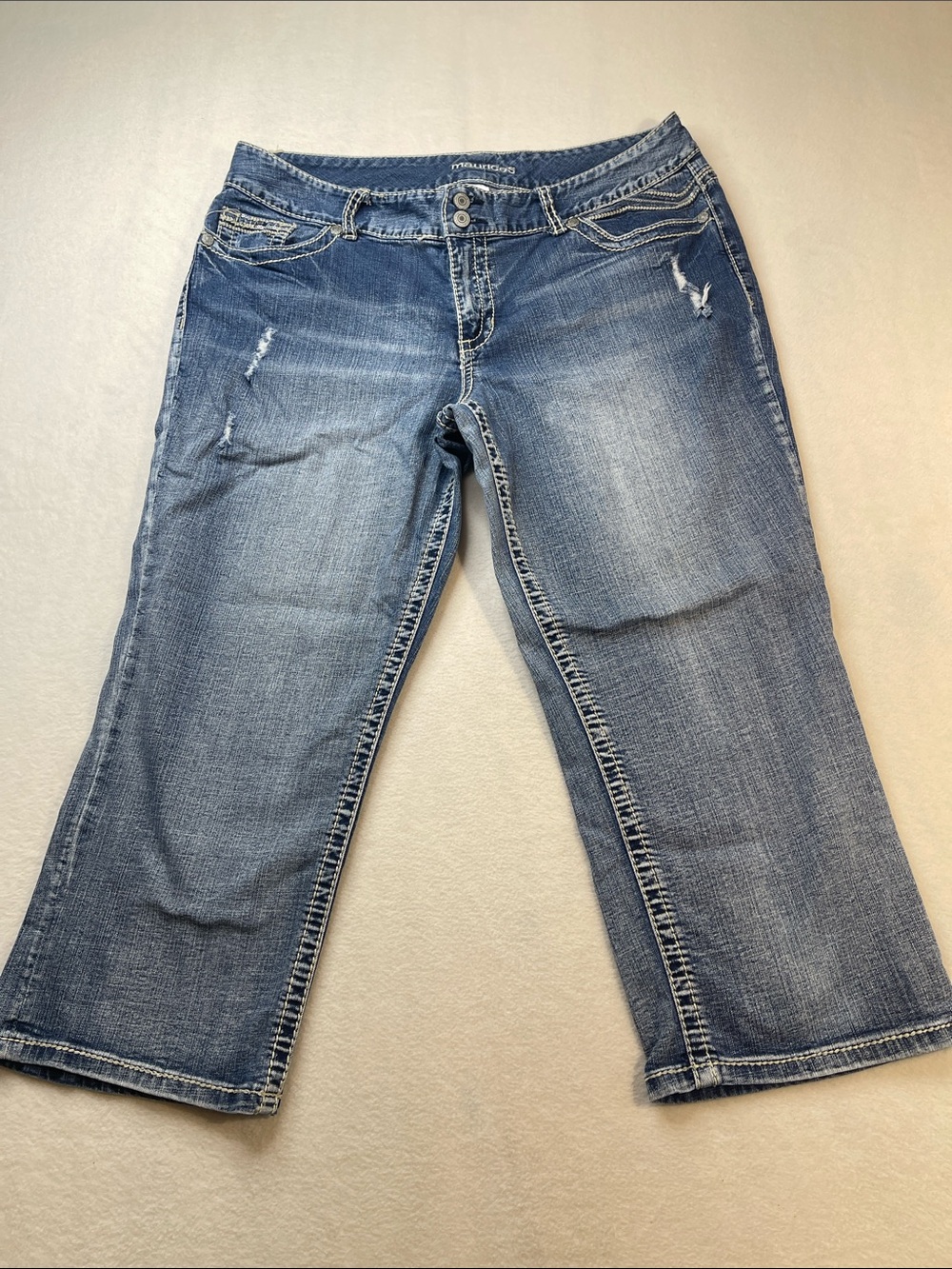 Maurices Blue Flare Crop Jeans/CAPRIS  with Distressed Details WOMENS SIZE 15/16